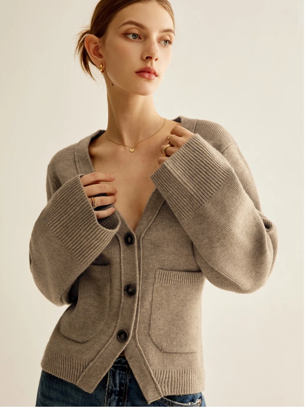 Commense Brown V-Neck Button Cardigan S | Cozy Fall Knit Sweater - Picture 5 of 7